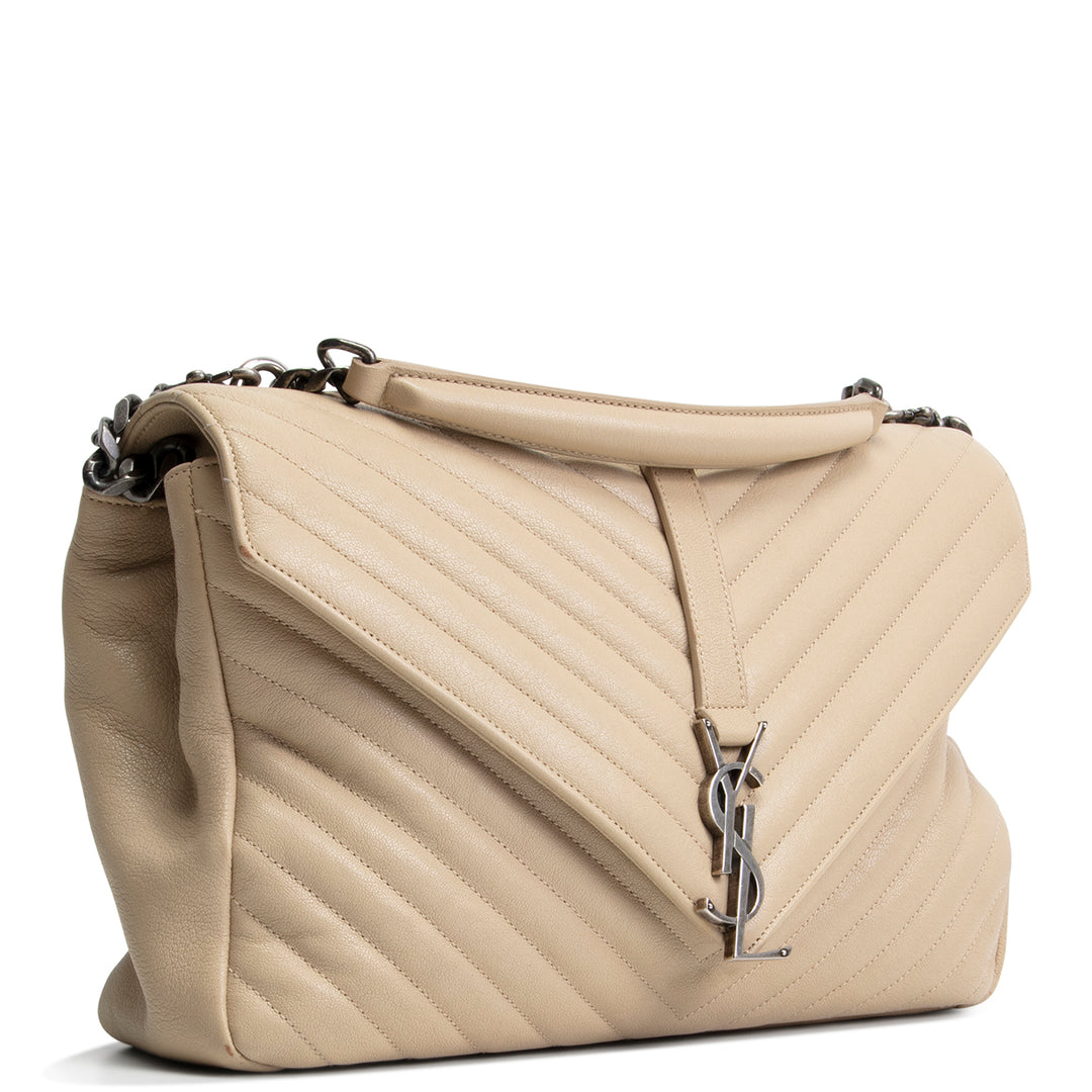SAINT LAURENT Matelasse Chevron Monogram Large College Satchel - Beige
