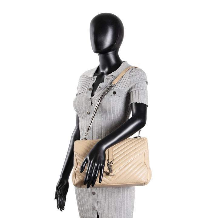 SAINT LAURENT Matelasse Chevron Monogram Large College Satchel - Beige