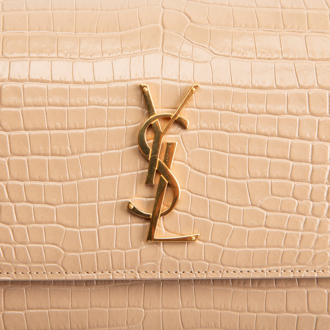 SAINT LAURENT Croc Embossed Sunset Chain Bag - Nude