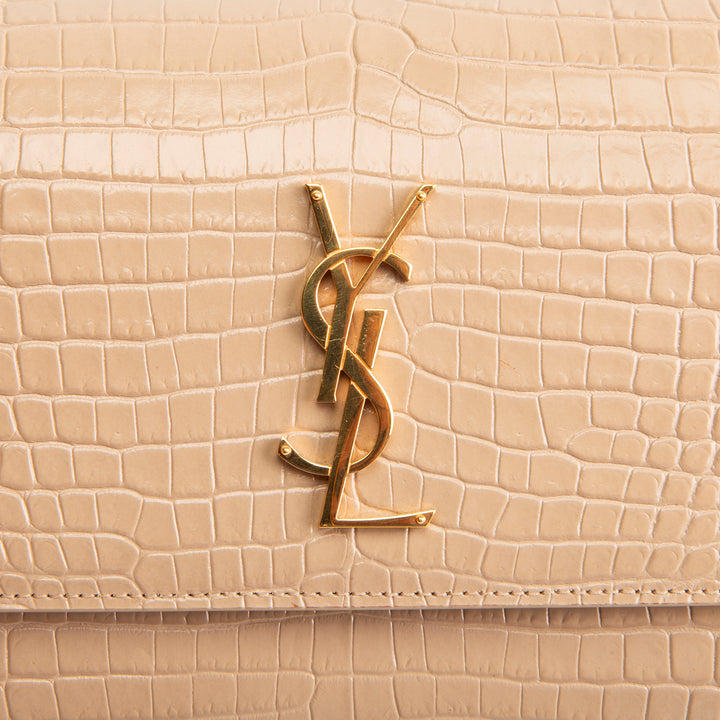 SAINT LAURENT Croc Embossed Sunset Chain Bag - Nude