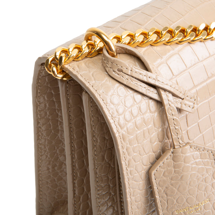 SAINT LAURENT Croc Embossed Sunset Chain Bag - Nude