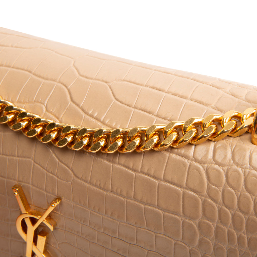 SAINT LAURENT Croc Embossed Sunset Chain Bag - Nude