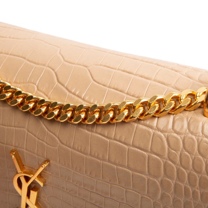 SAINT LAURENT Croc Embossed Sunset Chain Bag - Nude