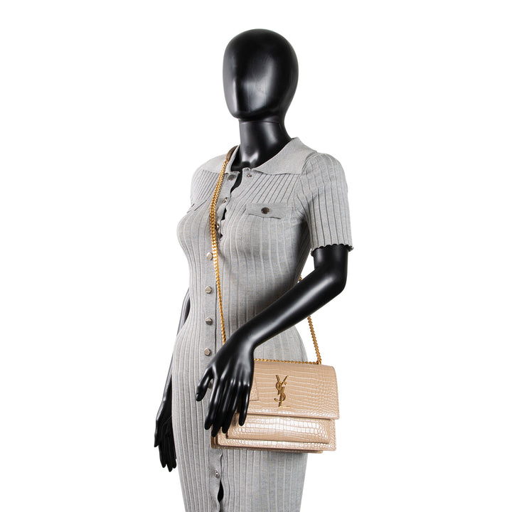 SAINT LAURENT Croc Embossed Sunset Chain Bag - Nude