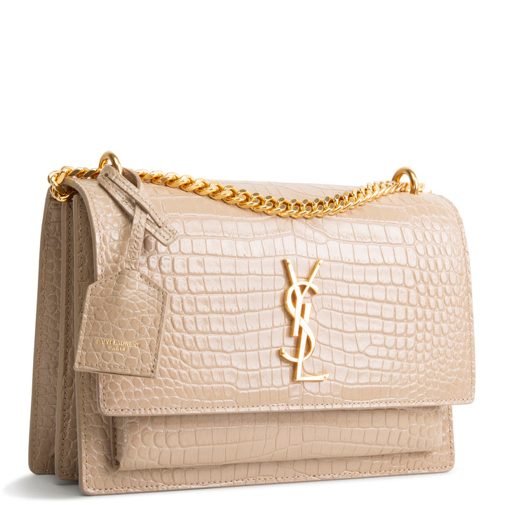 SAINT LAURENT Croc Embossed Sunset Chain Bag - Nude