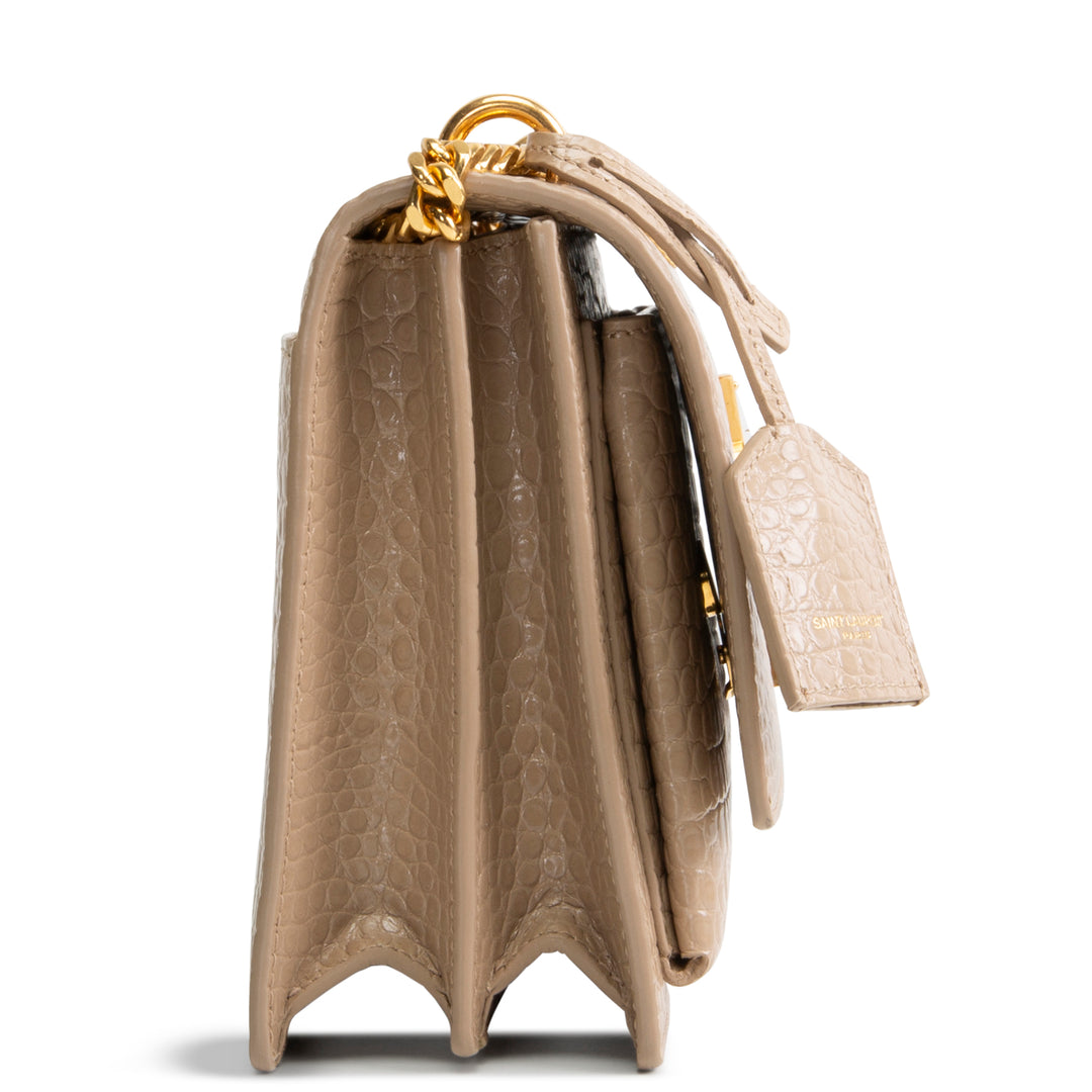 SAINT LAURENT Croc Embossed Sunset Chain Bag - Nude