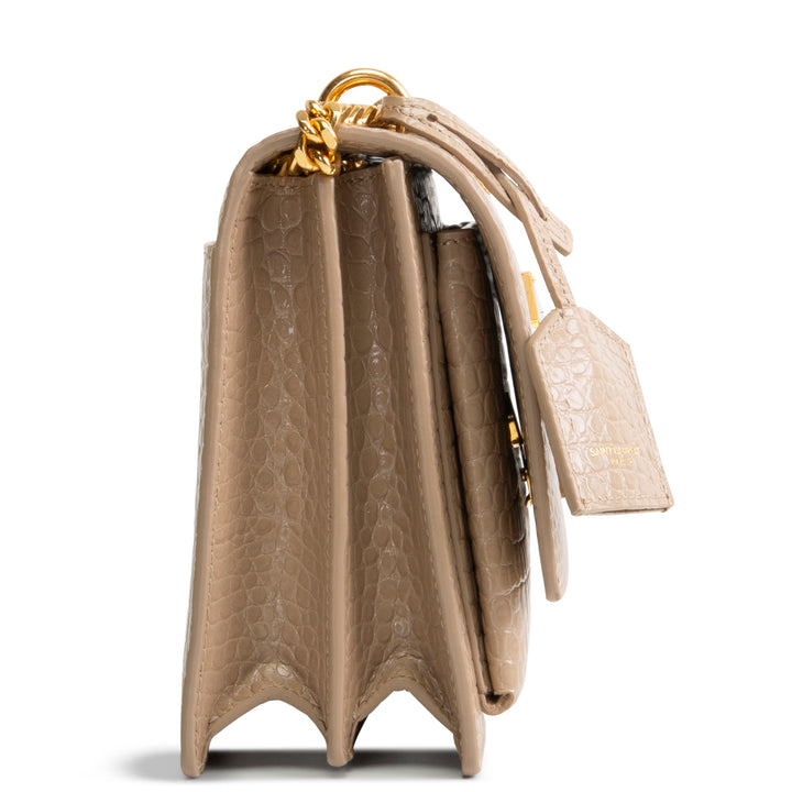 SAINT LAURENT Croc Embossed Sunset Chain Bag - Nude