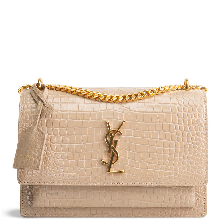 SAINT LAURENT Croc Embossed Sunset Chain Bag - Nude