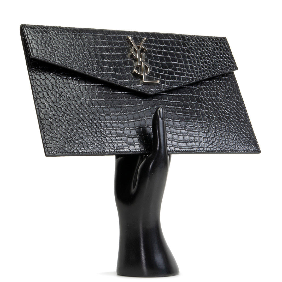 SAINT LAURENT Croc Embossed Uptown Clutch - Black