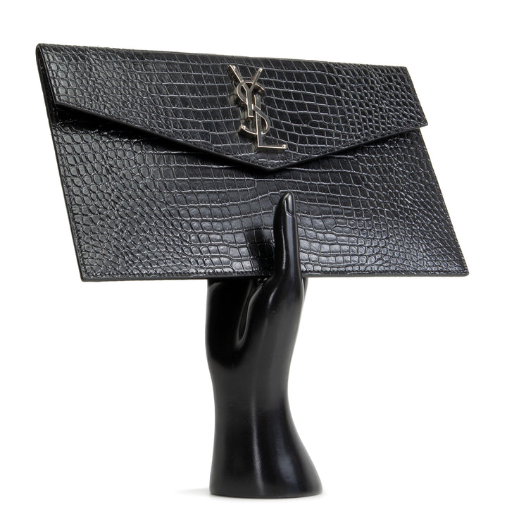 SAINT LAURENT Croc Embossed Uptown Clutch - Black