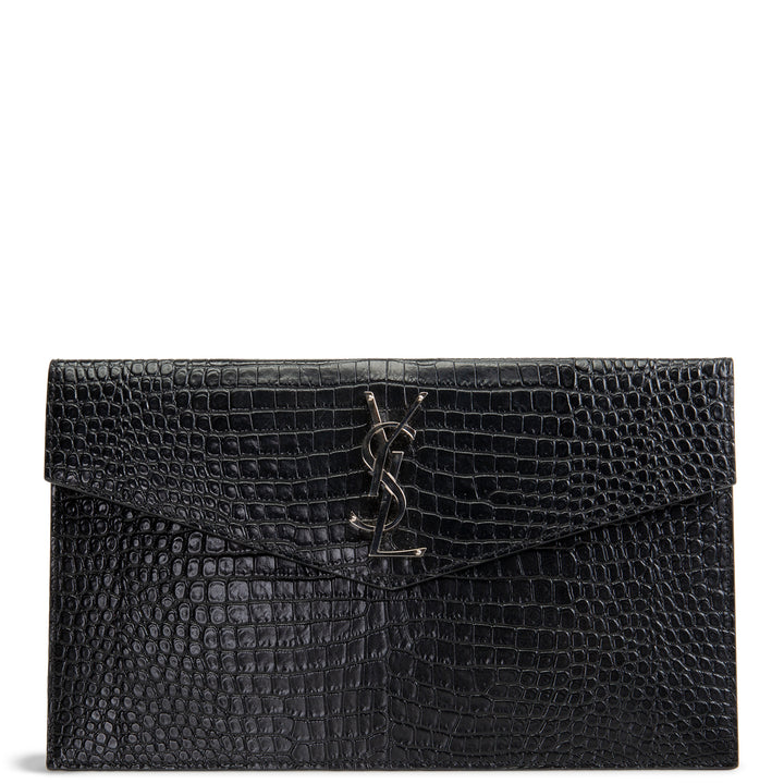 SAINT LAURENT Croc Embossed Uptown Clutch - Black