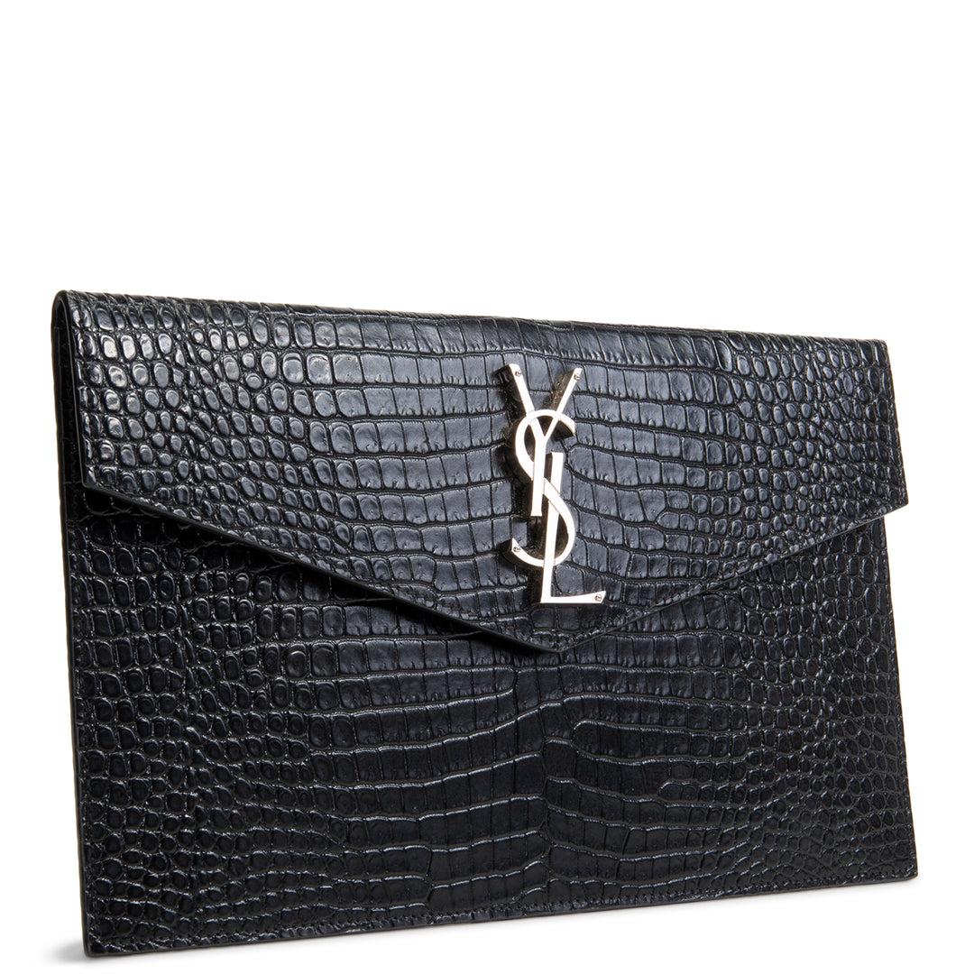 SAINT LAURENT Croc Embossed Uptown Clutch - Black
