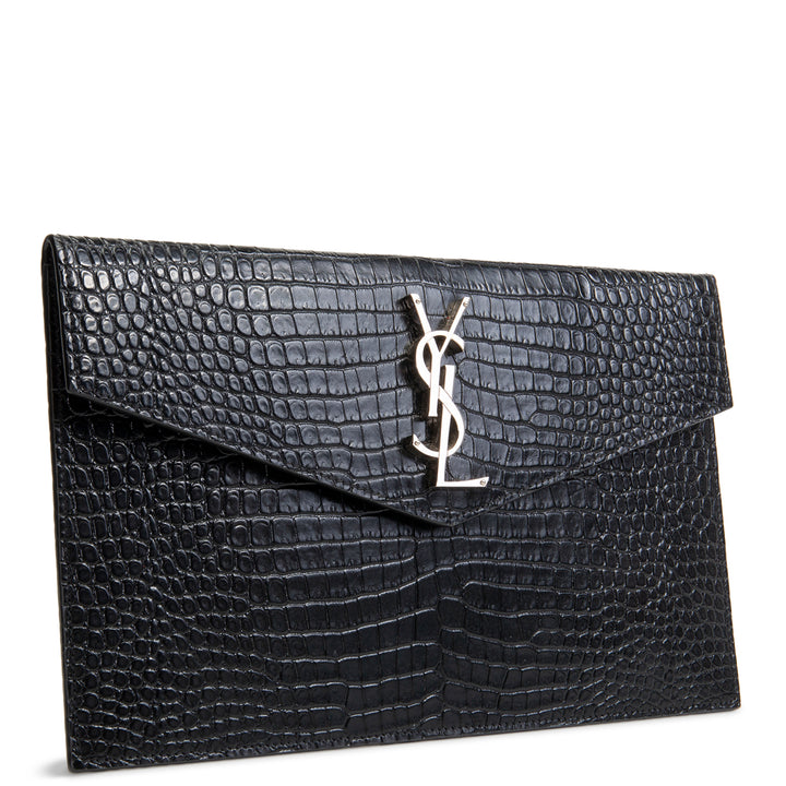 SAINT LAURENT Croc Embossed Uptown Clutch - Black