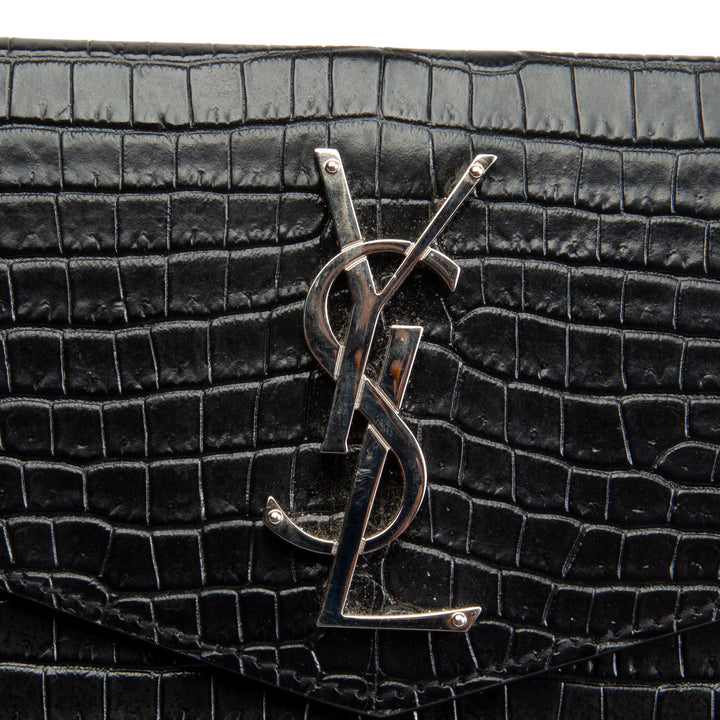 SAINT LAURENT Croc Embossed Uptown Clutch - Black