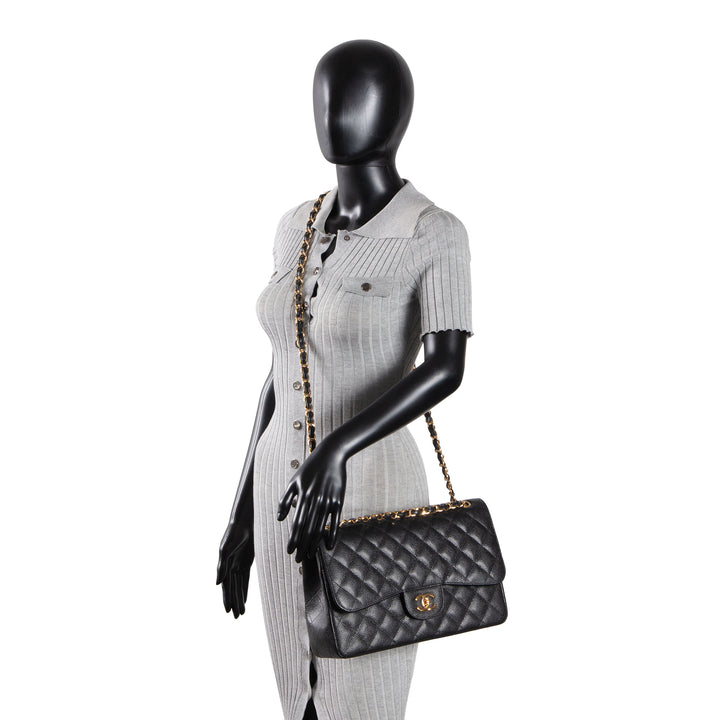 CHANEL Caviar Jumbo Double Flap Bag - Black
