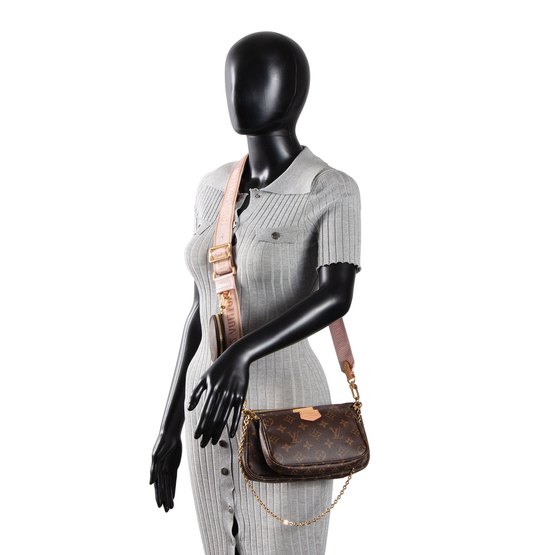 LOUIS VUITTON Monogram Multi Pochette Accessoires w/ Khaki & Pink Strap