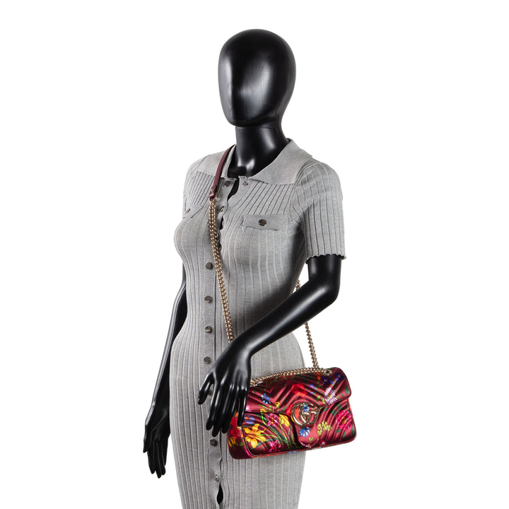 GUCCI Flora Silk Small GG Marmont Shoulder Bag - Burgundy