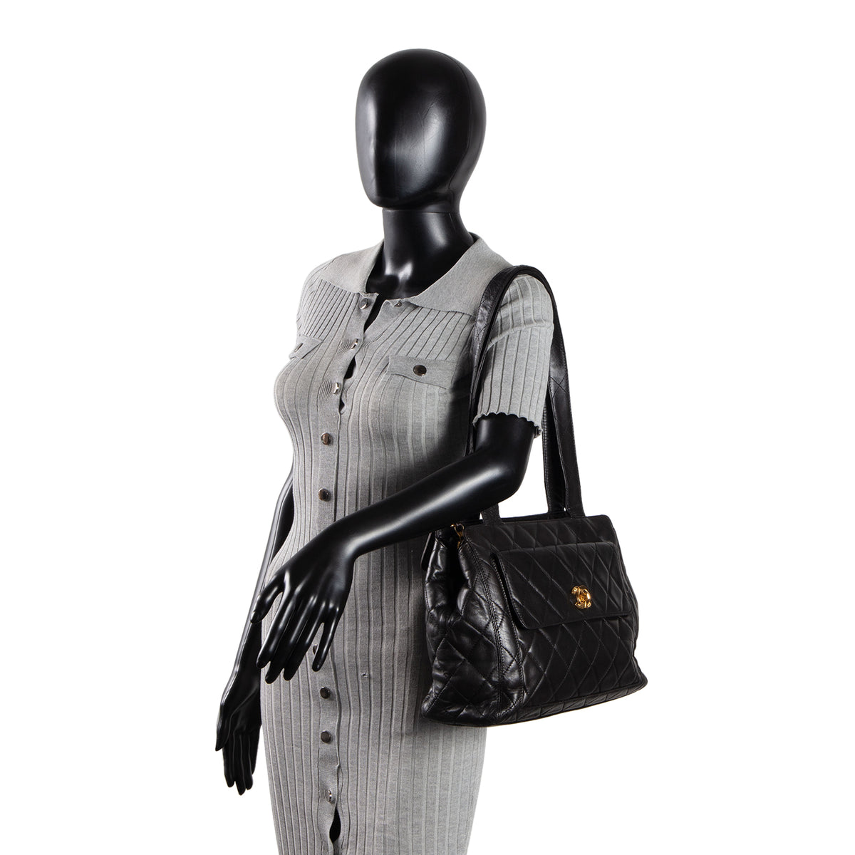 CHANEL Vintage Lambskin Quilted Front Pocket Tote - Black