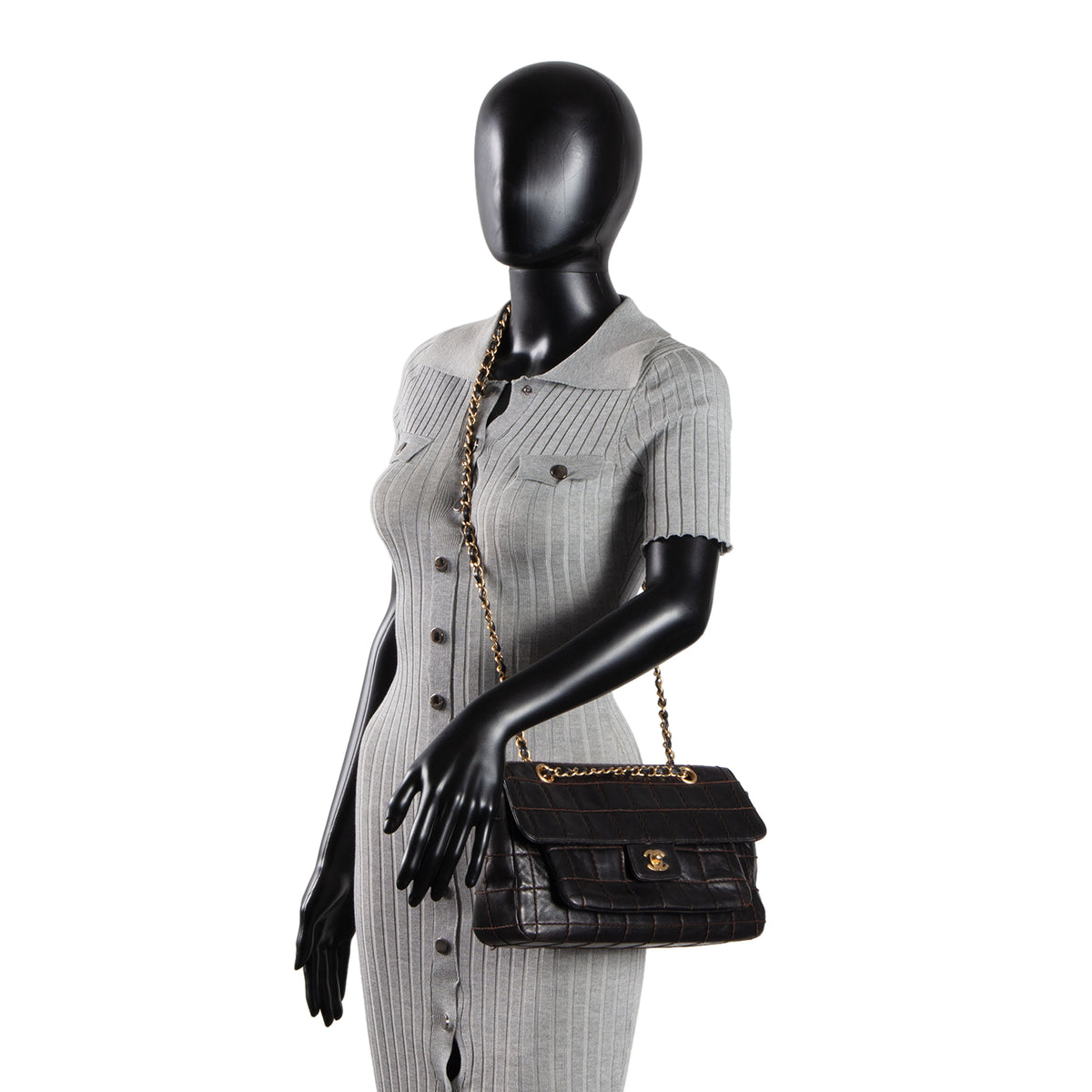 CHANEL Vintage Crazy Stitch Chocolate Bar Flap Bag - Dark Brown - OUTLET FINAL SALE