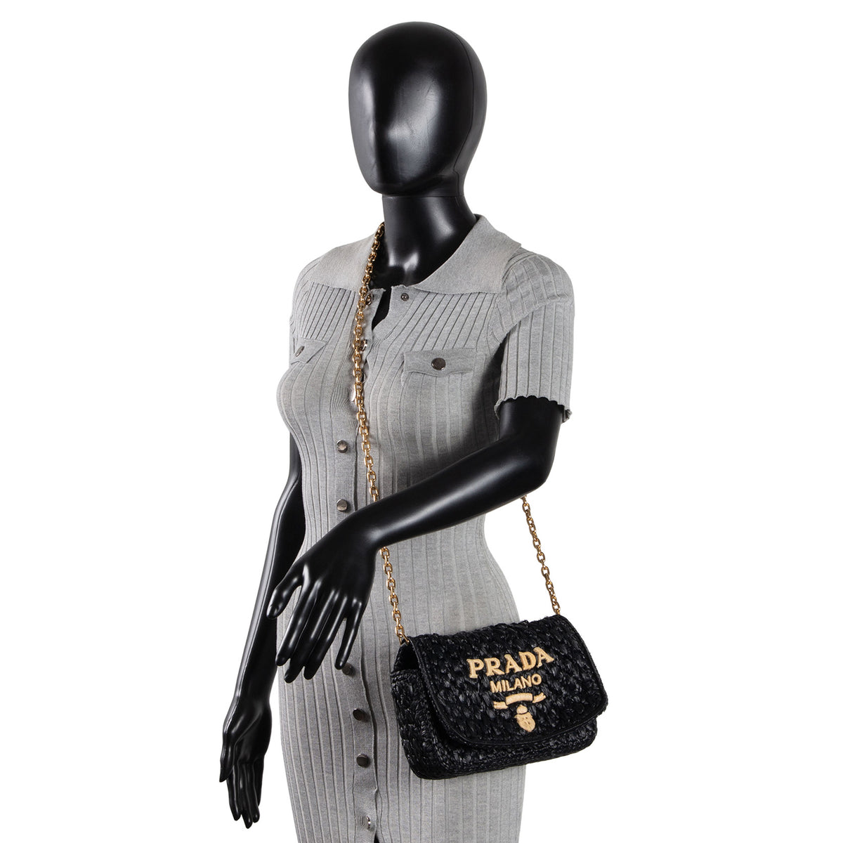 PRADA Logo Chain Flap Raffia Shoulder Bag