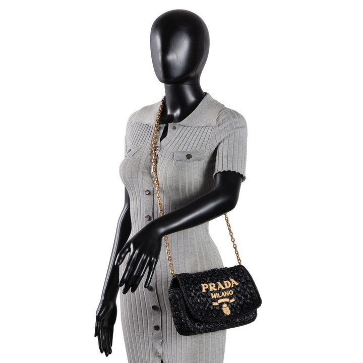 PRADA Logo Chain Flap Raffia Shoulder Bag