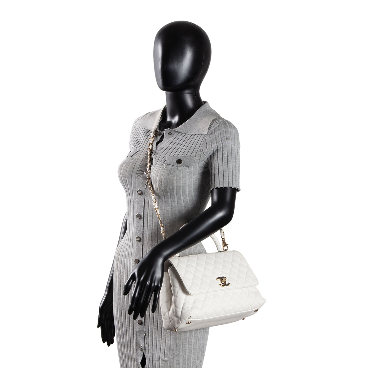 CHANEL Coco Top Handle Flap Quilted Caviar - White
