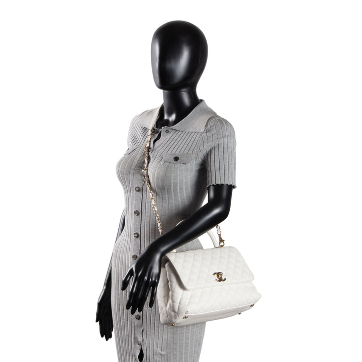 CHANEL Coco Top Handle Flap Quilted Caviar - White