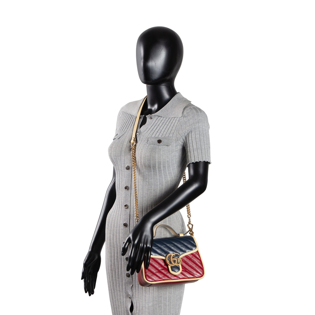 GUCCI Top Handle GG Marmont Torchon Shoulder Bag - Burgundy/Navy