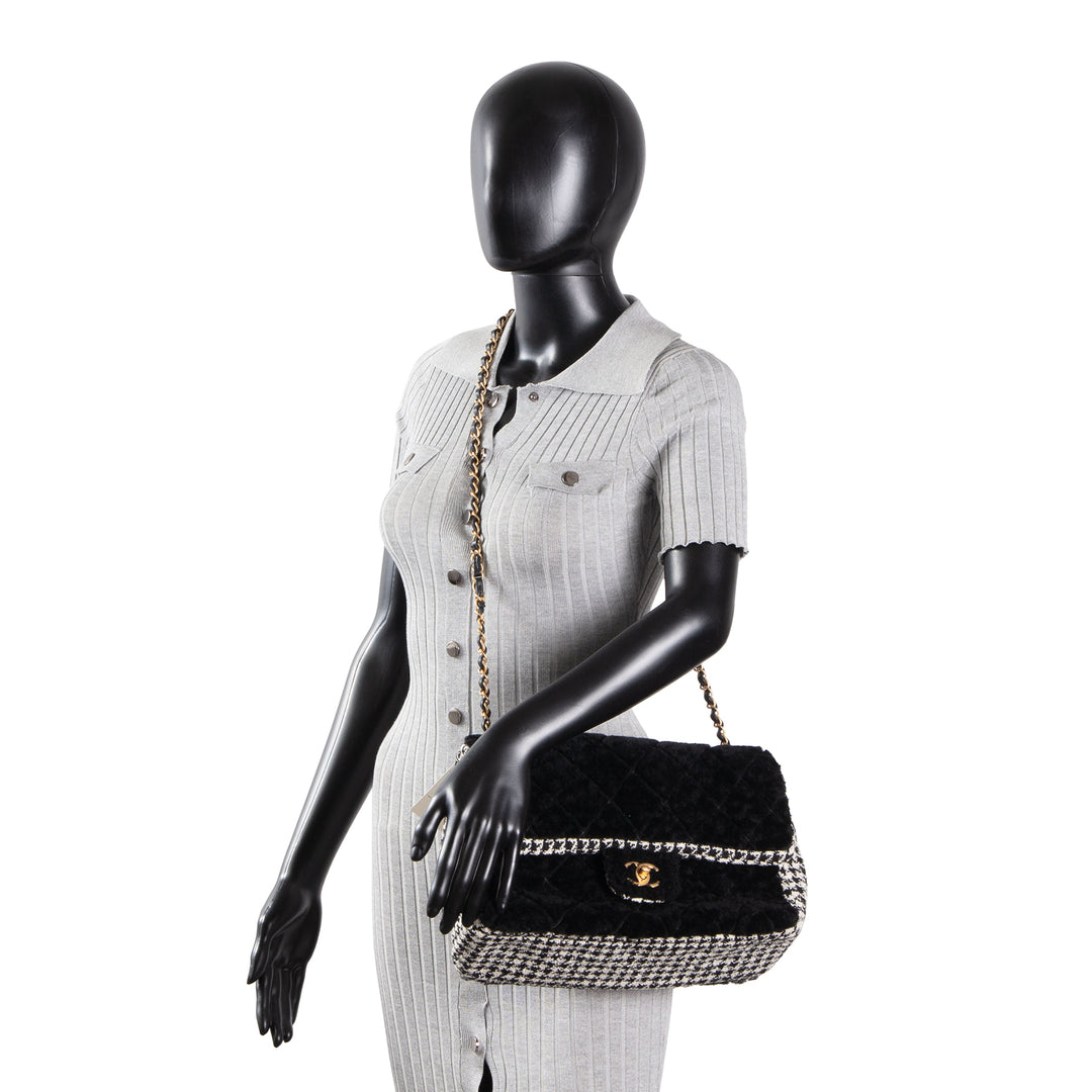 CHANEL Jumbo CC Flap Quilted Shearling & Houndstooth Tweed