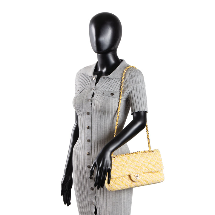 CHANEL Medium Double Flap Quilted Tweed Yellow