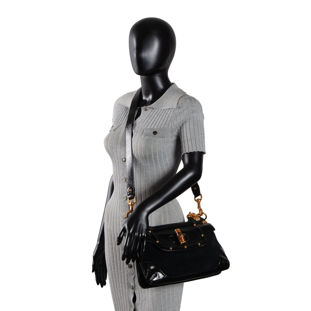 GUCCI Suede Bamboo Peggy Shoulder Bag - Black OUTLET FINAL SALE
