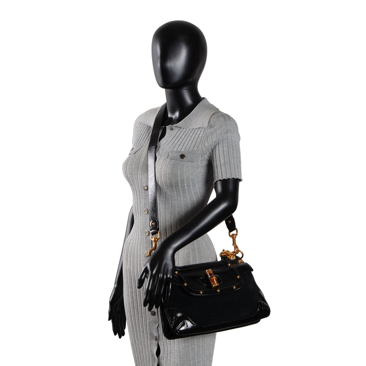 GUCCI Suede Bamboo Peggy Shoulder Bag - Black OUTLET FINAL SALE