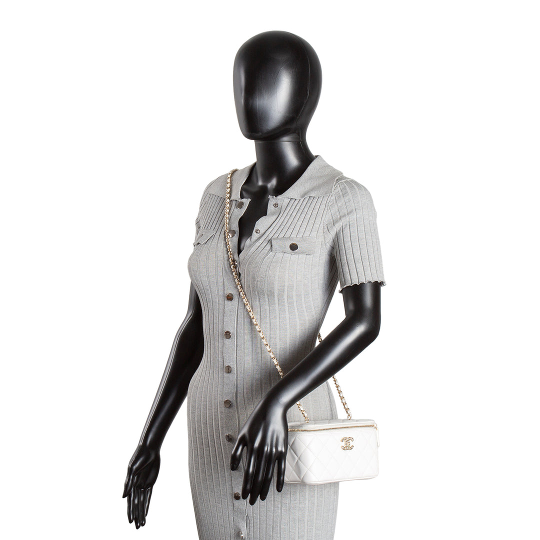 CHANEL Caviar Leather Vanity Case Crystal Hearts - White