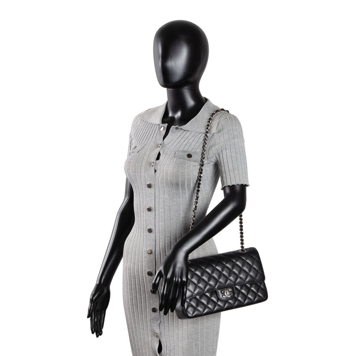 CHANEL Caviar Medium Double Flap Shoulder Bag - Black