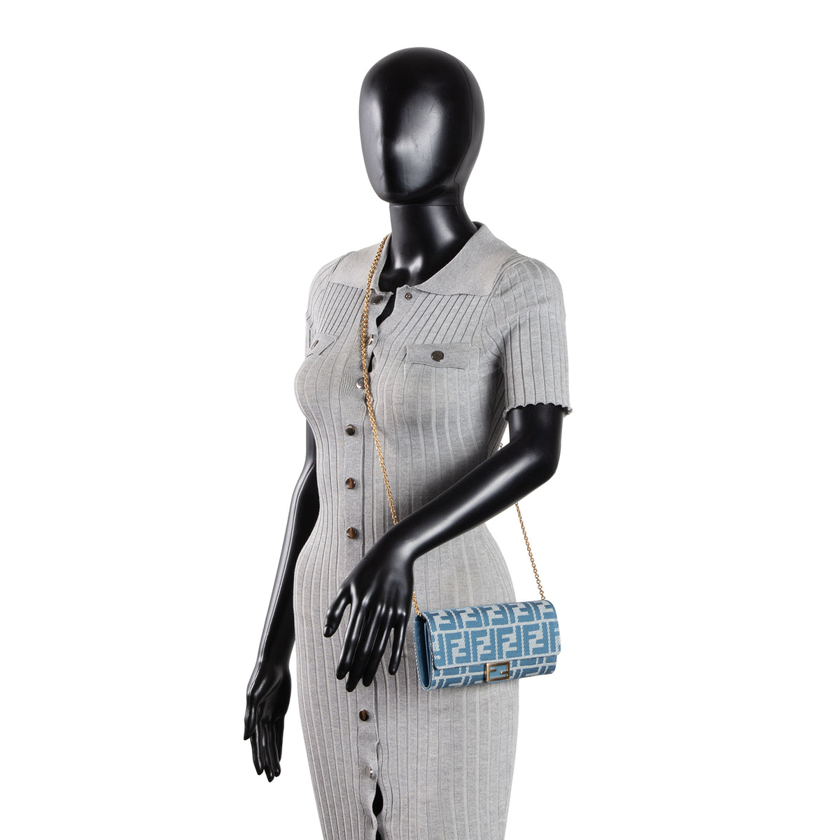 FENDI FF Jacquard Wallet On Chain - Blue Denim Effect