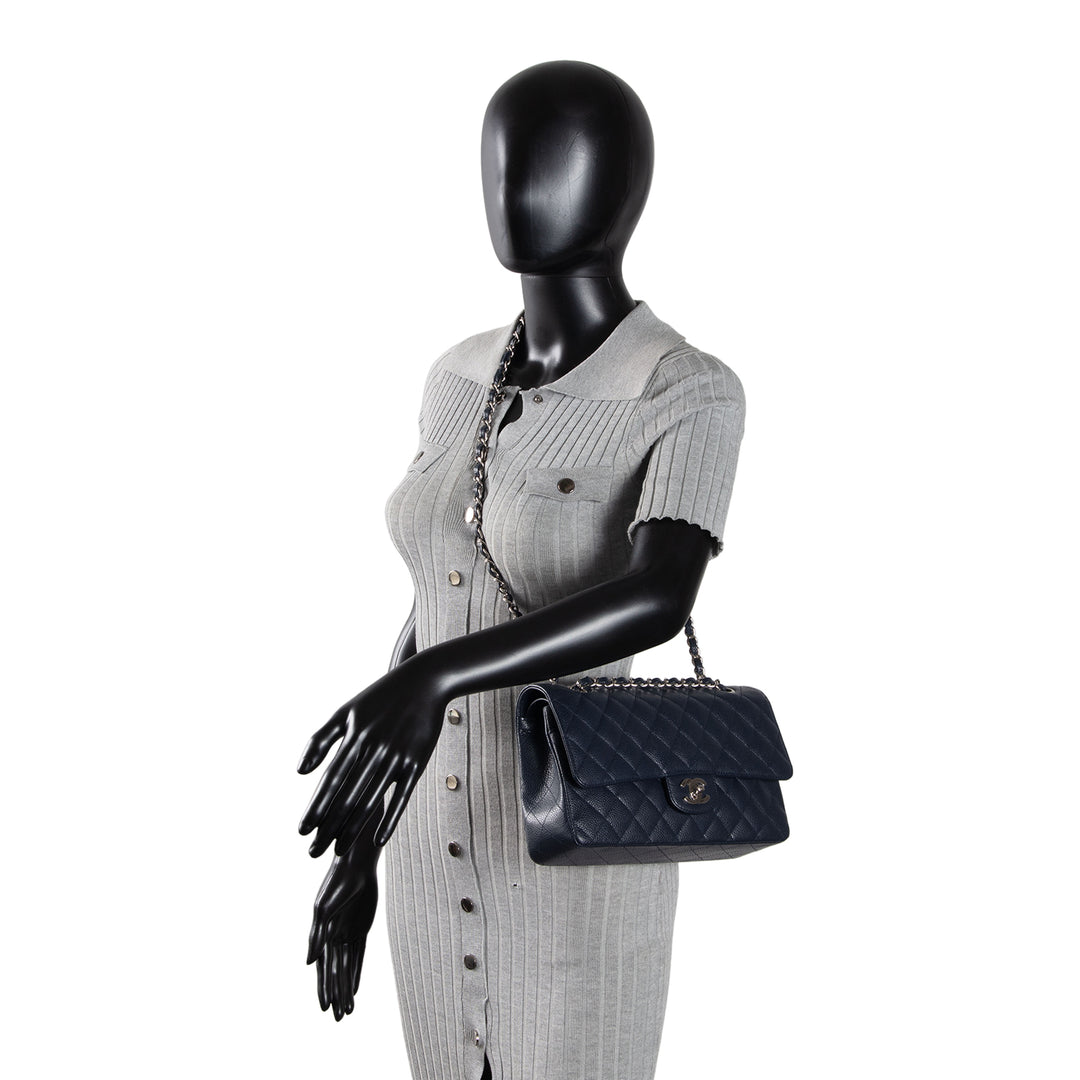 CHANEL Classic Caviar Medium Double Flap - Navy Blue