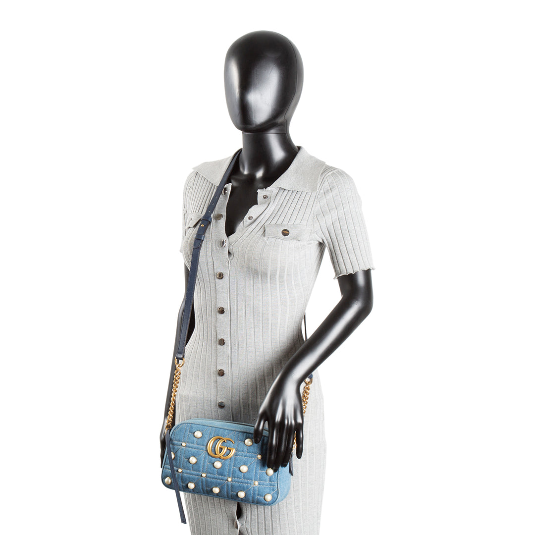 GUCCI Denim Pearly GG Marmont Camera Bag
