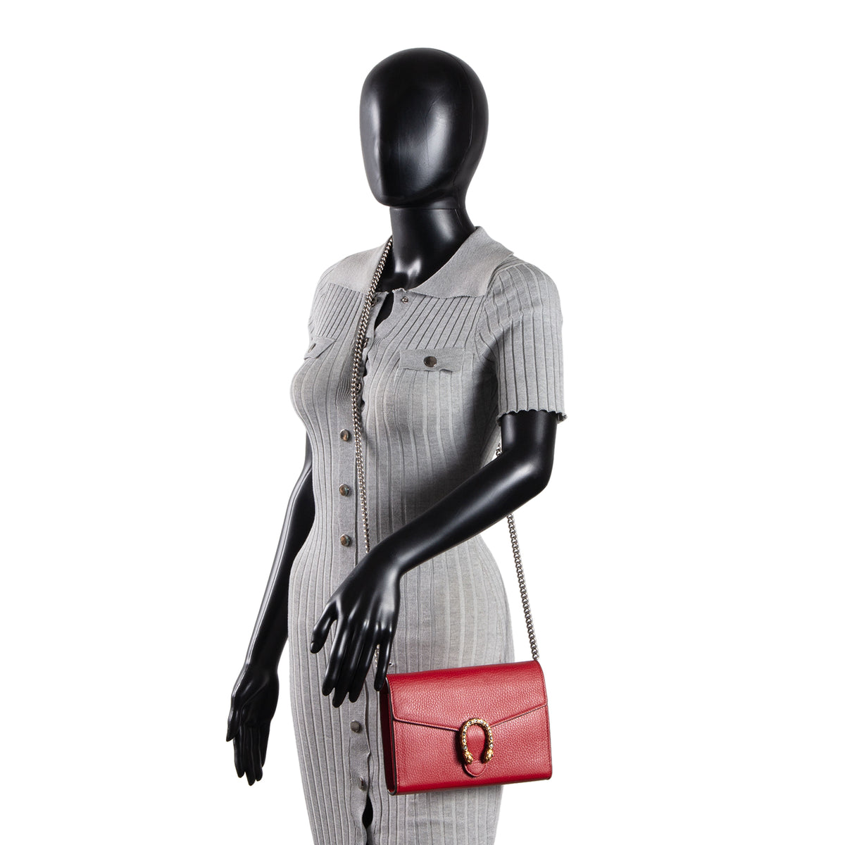 GUCCI Leather Crystal Dionysus Chain Wallet - Red
