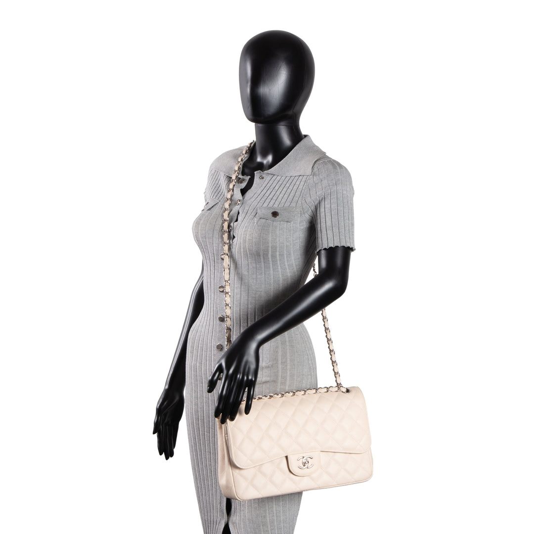 CHANEL Caviar Jumbo Double Flap Bag - Light Beige
