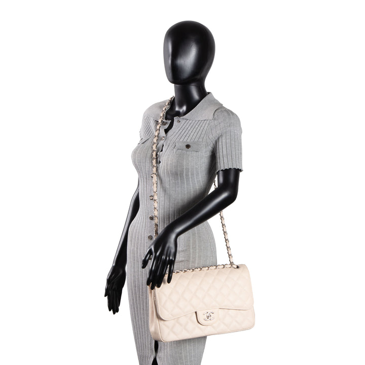 CHANEL Caviar Jumbo Double Flap Bag - Light Beige