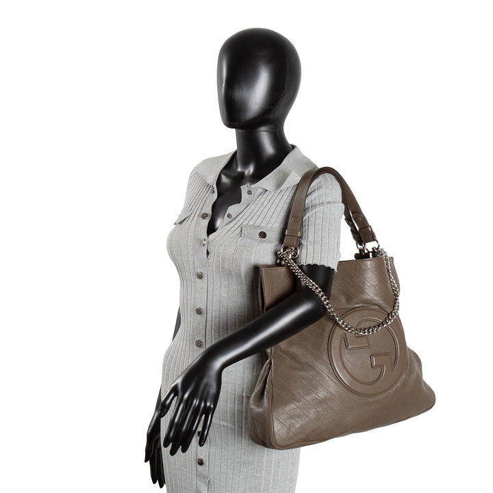 GUCCI Leather GG Blondie Tote - Olive