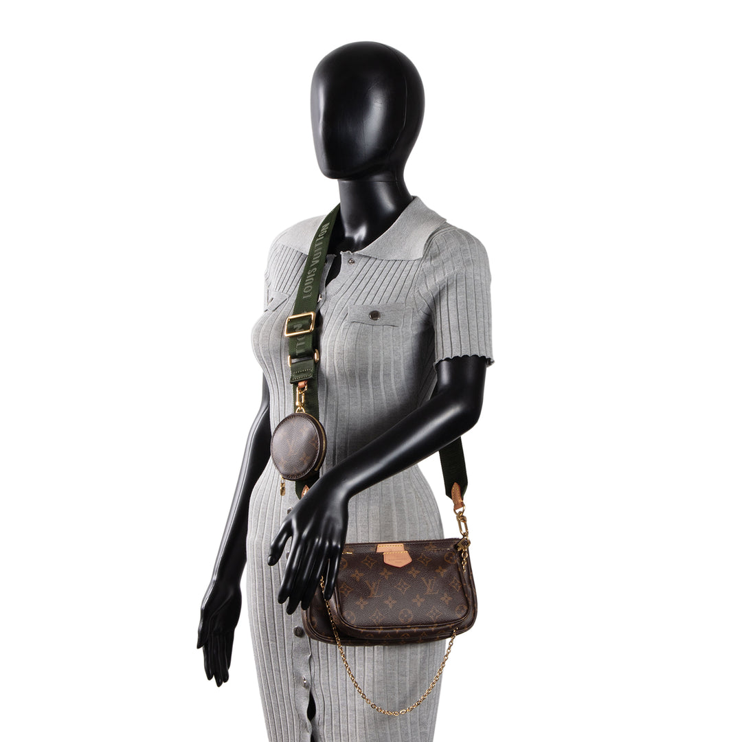 LOUIS VUITTON Monogram Multi Pochette Accessoires w/ Khaki & Pink Strap