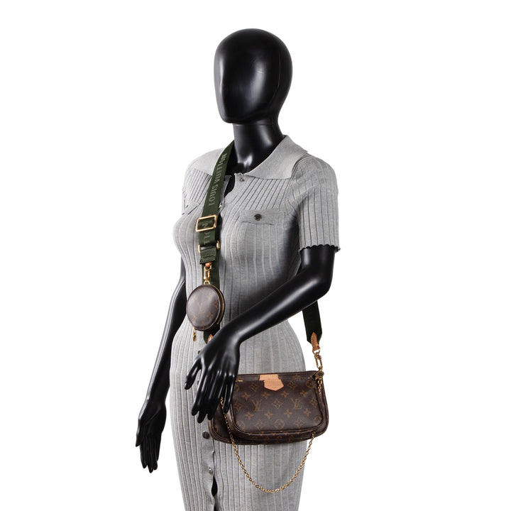 LOUIS VUITTON Monogram Multi Pochette Accessoires w/ Khaki & Pink Strap