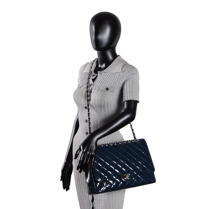 CHANEL Patent Maxi Single Flap Bag - Navy