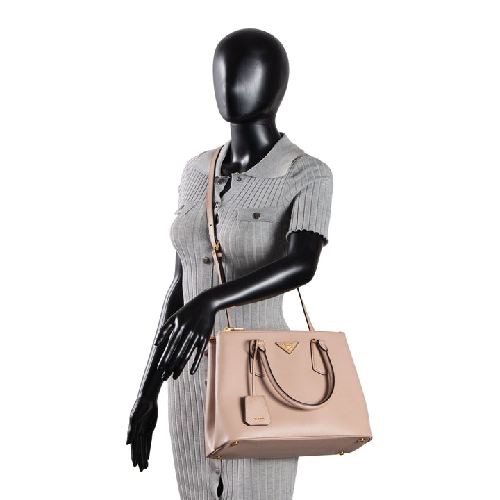 PRADA Saffiano Lux Double Zip Tote - Nude