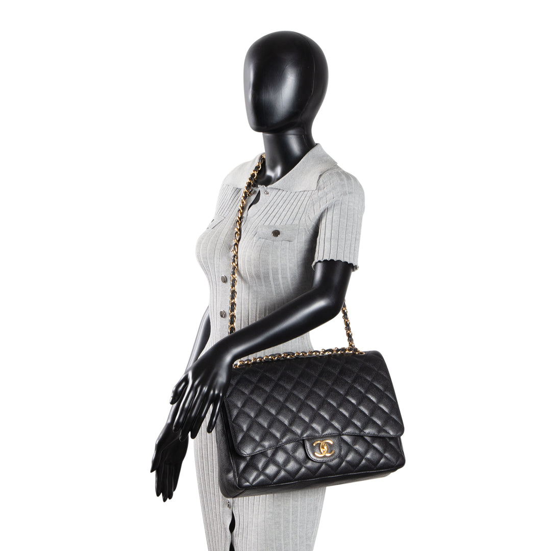CHANEL Caviar Quilted Maxi Double Flap Shoulder Bag - Black