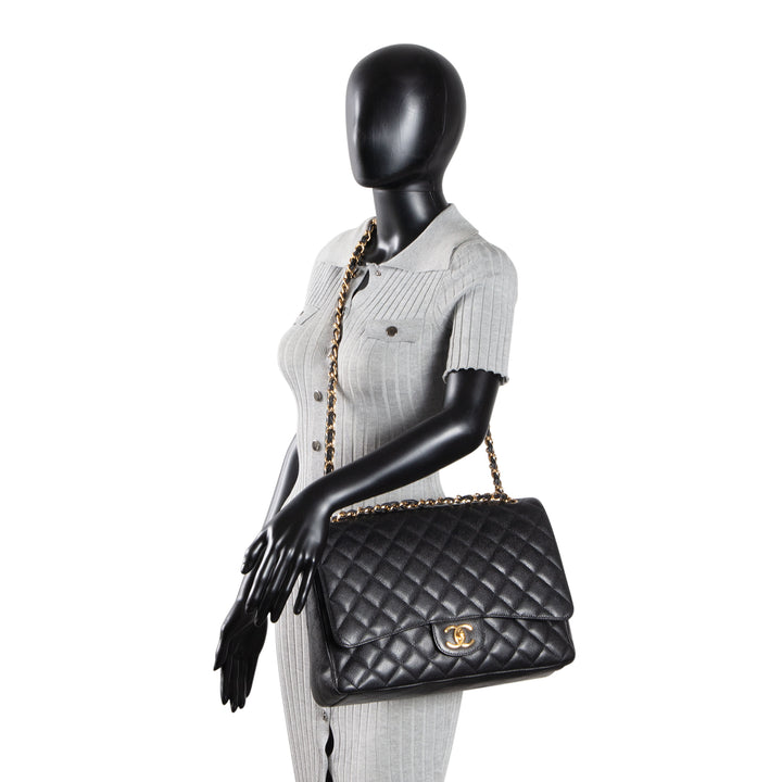CHANEL Caviar Quilted Maxi Double Flap Shoulder Bag - Black
