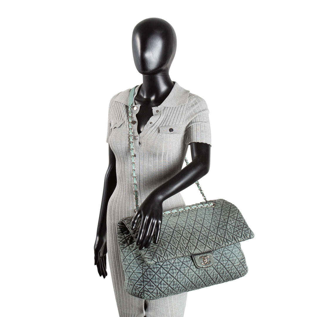 CHANEL Denim Quilted Denimpression XXL Flap Bag -Blue