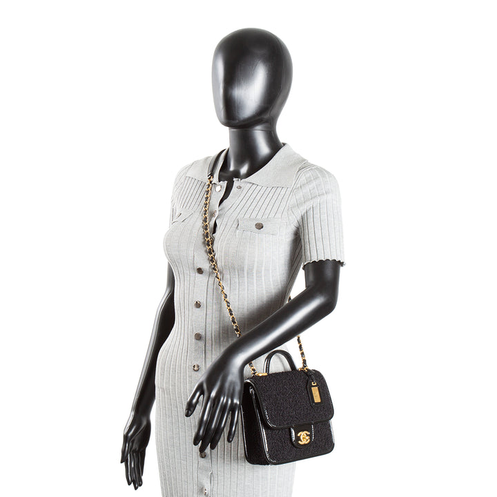 CHANEL Tweed Top Handle School Memory Flap Bag - Black