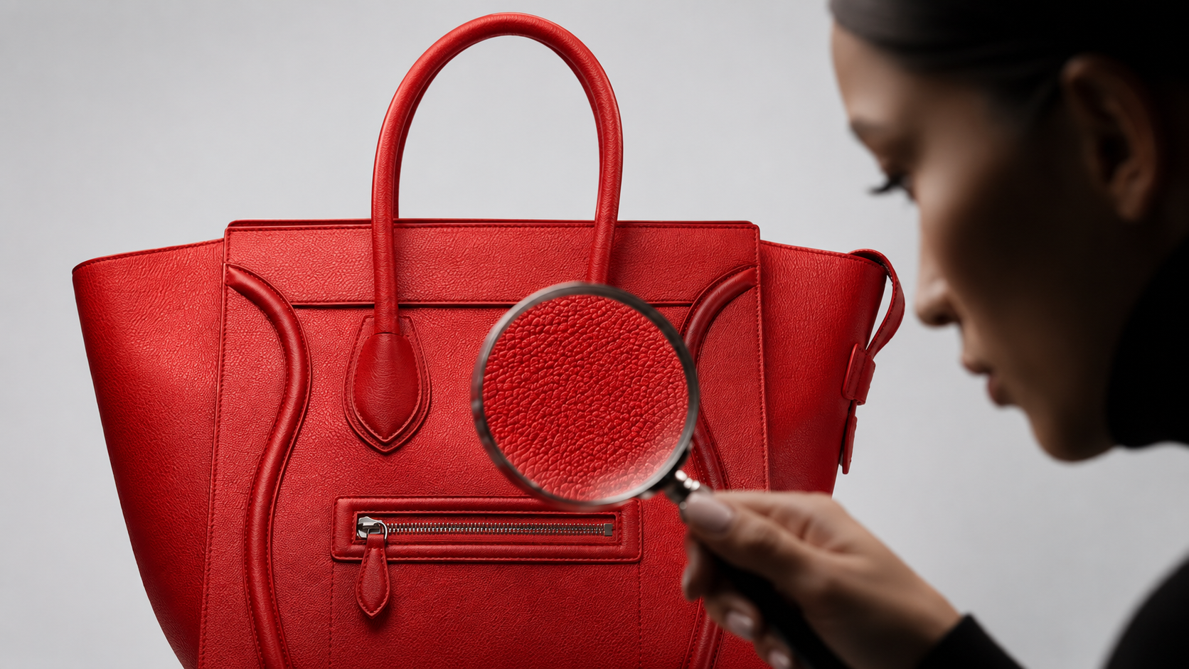 Red luxury handbag being examined with a magnifying glass